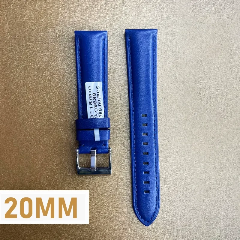 20mm Blue Pure Leather Sweat-Resistant Watch Strap
